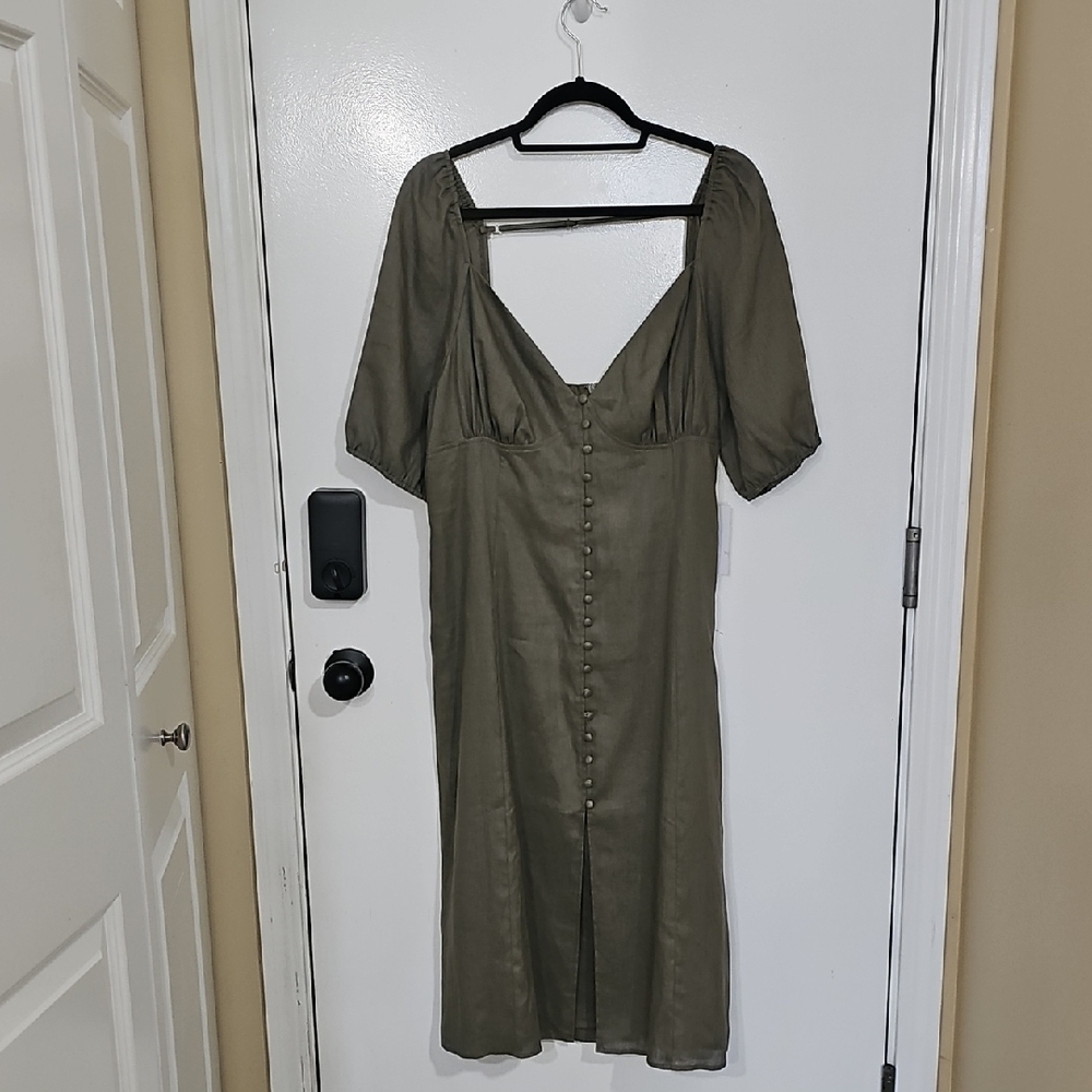 Backyard Roses Olive Green 100% Linen Midi Dress Sz XL NWT
